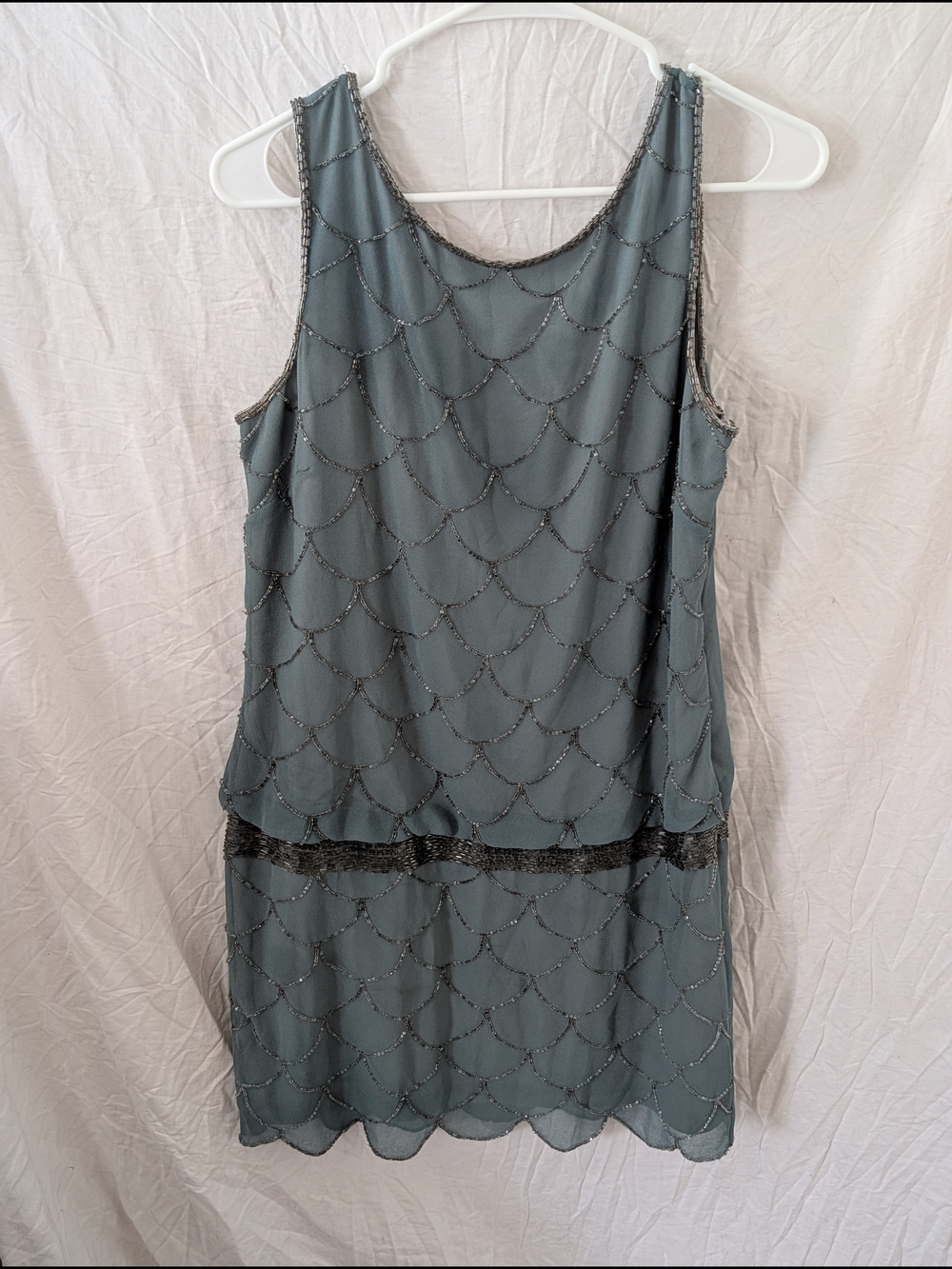 Beaded Scallop-Detail Sleeveless Dress in Slate Blue